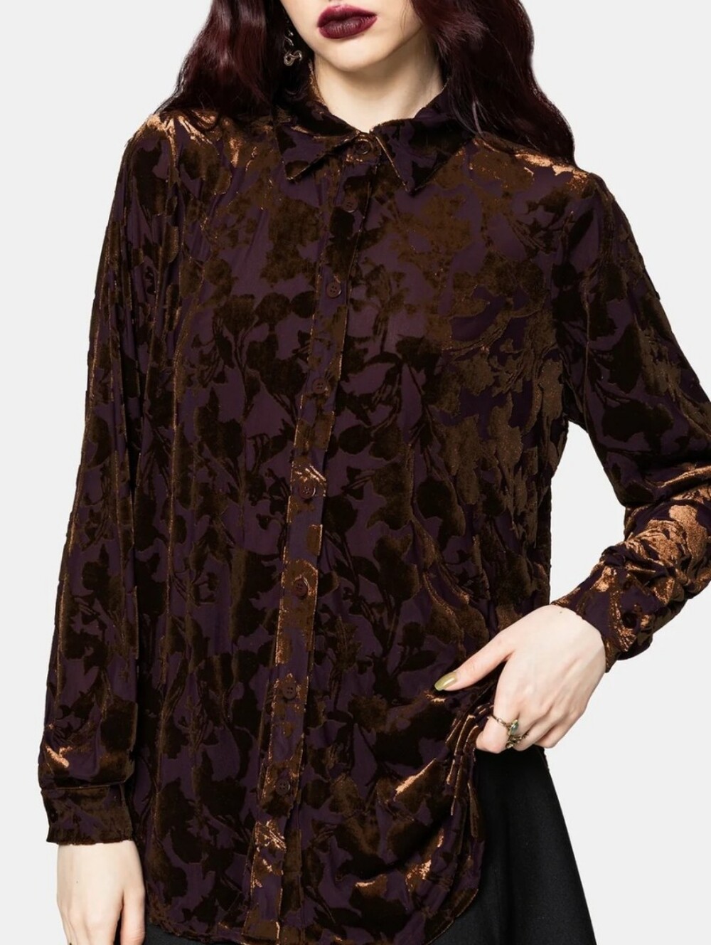 Etiquette Velvet Burnout Button-Up Shirt Plum Bronze Long Sleeve M